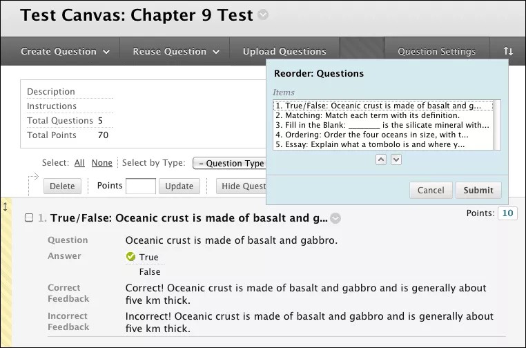 Réordonner : une fenêtre contextuelle de questions superposant la page de test, où vous pouvez sélectionner une question, puis cliquer sur la flèche vers le haut ou vers le bas pour la déplacer