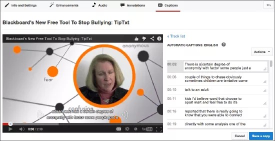 La vidéo YouTube s'affiche avec les légendes affichées sur le panneau latéral. L'utilisateur a ouvert les sous-titres pour les modifier.