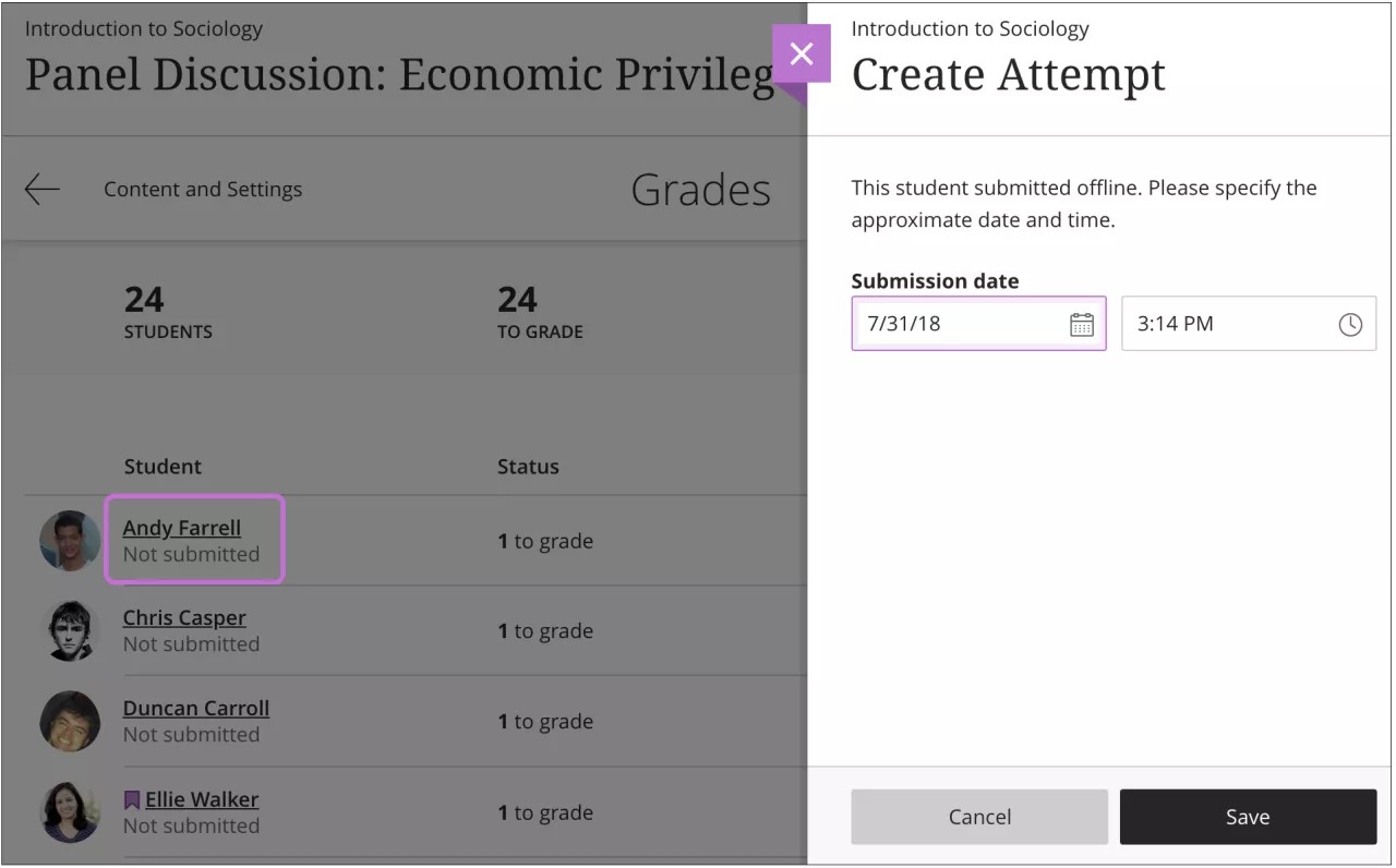 La page Liste des soumissions est ouverte avec 1) un nom d'étudiant sélectionné et 2) le panneau Créer une tentative s'ouvre avec l'option Date et heure de soumission à l'écran.