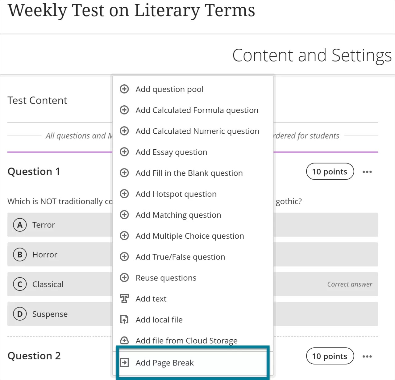 Image du menu de création de contenu ouvert avec une boîte autour de l'option Ajouter un saut de page