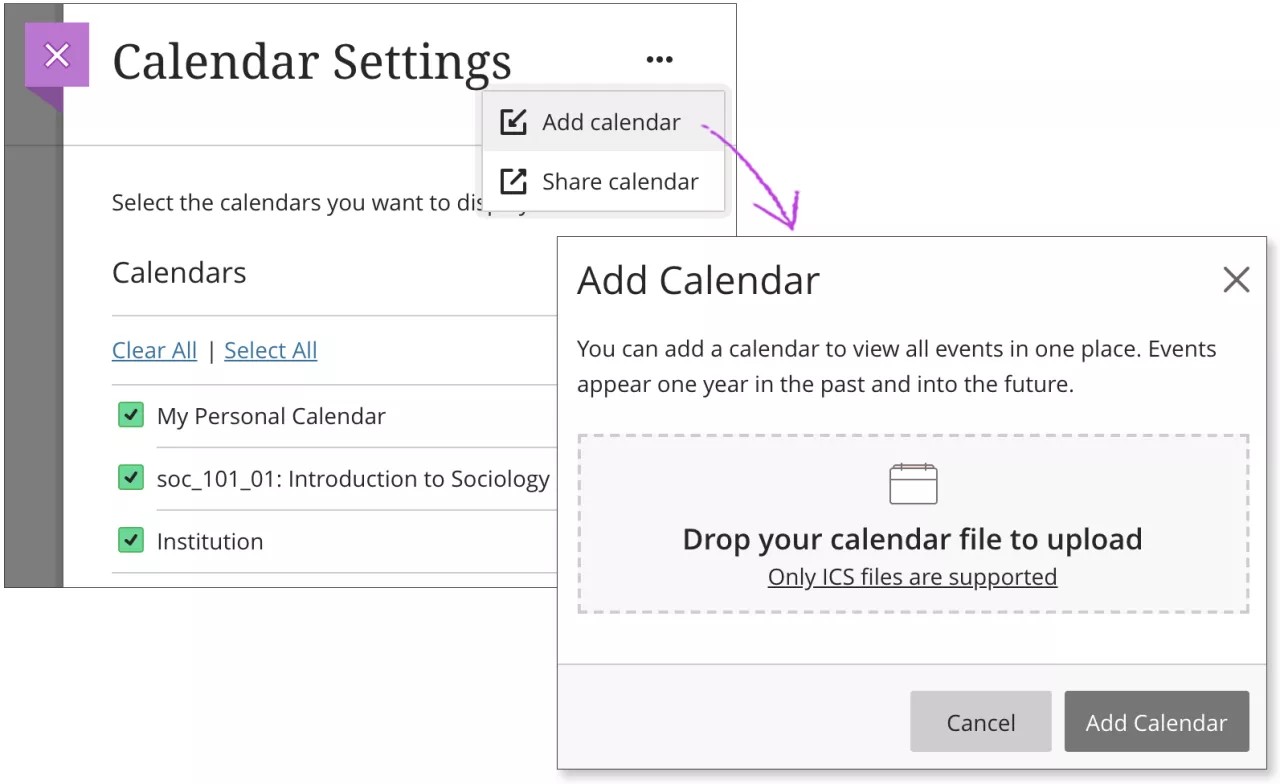 L'écran des paramètres du calendrier sur la gauche, avec une flèche montrant le lien Ajouter un calendrier menant à la fenêtre Ajouter un calendrier sur la droite