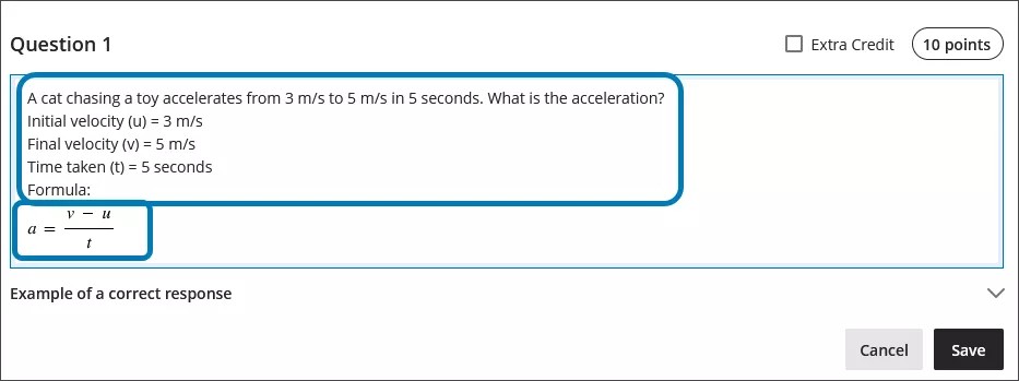 Image d'une question mathématique saisie dans l'éditeur de texte enrichi et avec une équation générée par l'éditeur de mathématiques en dessous, délimitée par un rectangle