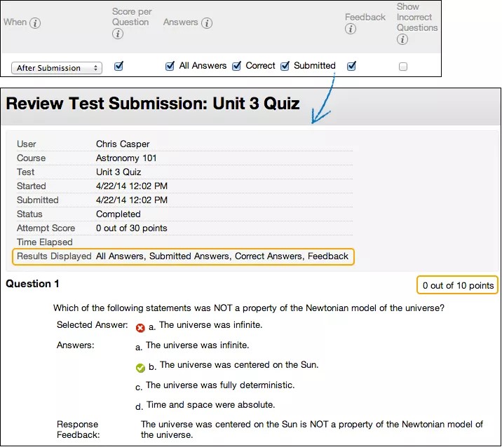 Les résultats des tests d'un étudiant. Leurs notes globales, la note de chaque question et toutes les options de réponse sont affichées. Ils visualisent également leurs réponses soumises marquées comme correctes ou incorrectes, ainsi que la rétroaction fournie.