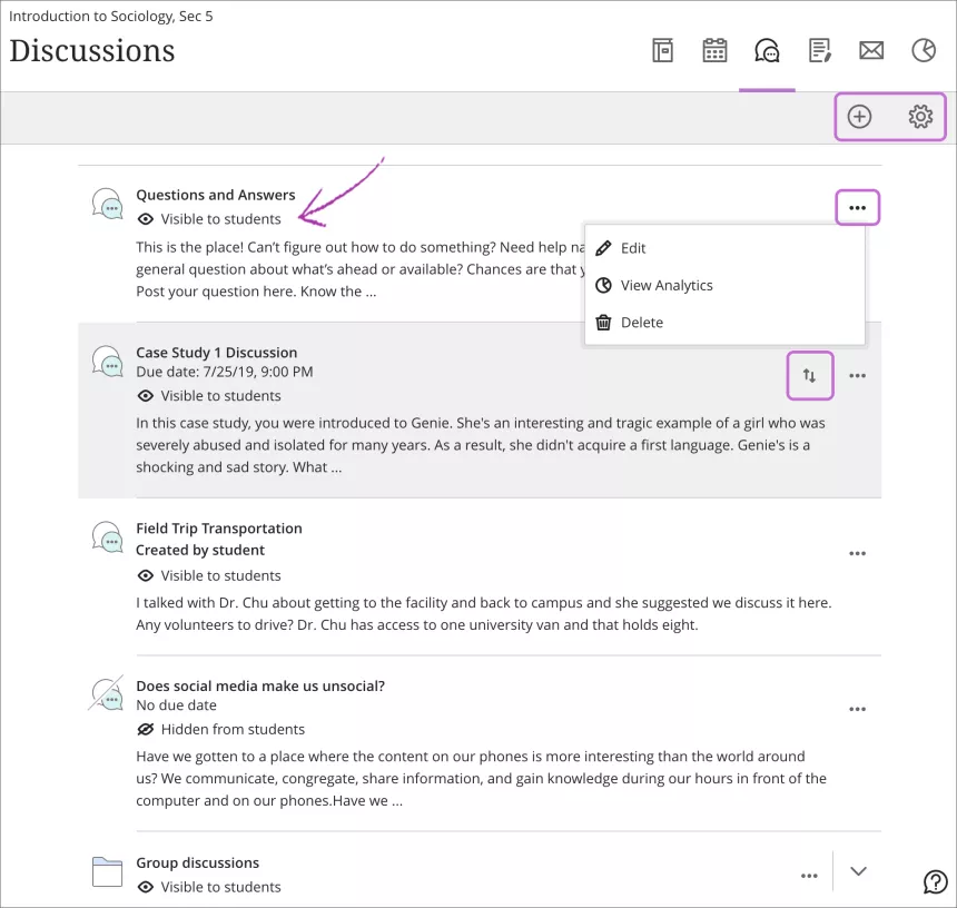 Page de discussions avec des boutons en surbrillance qui peuvent être utilisés pour diverses actions.