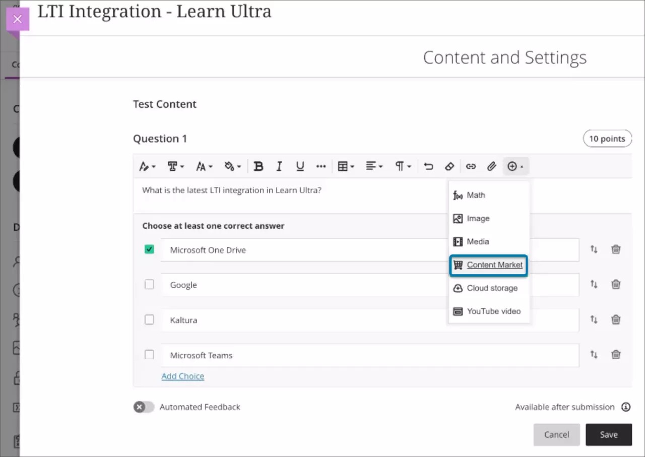 Vue par l'enseignant de l'option Content Market dans l'éditeur de texte enrichi lors d'une évaluation