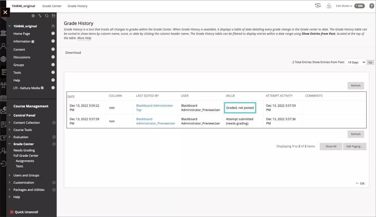 [成績、採点済み] イベントを示す成績履歴レポート