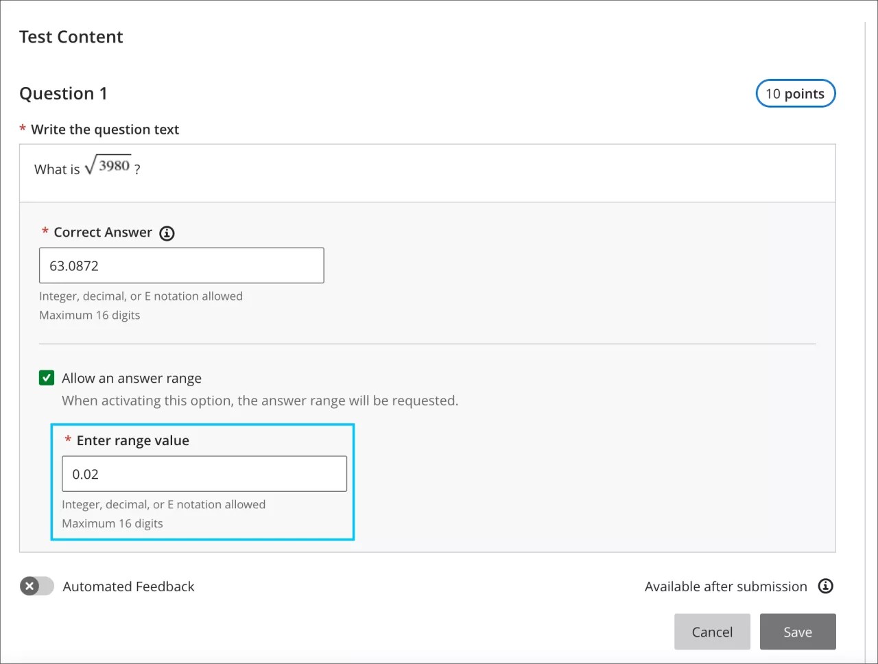 計算された数値問題タイプのインストラクタービュー