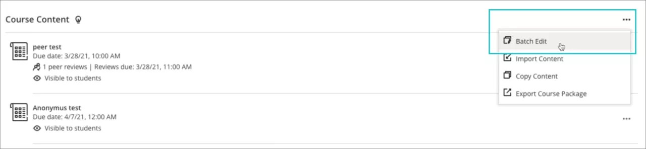 코스 콘텐츠 패널이 열리며 점 세 개 메뉴가 강조되고 "배치 편집" 옵션이 선택됩니다.