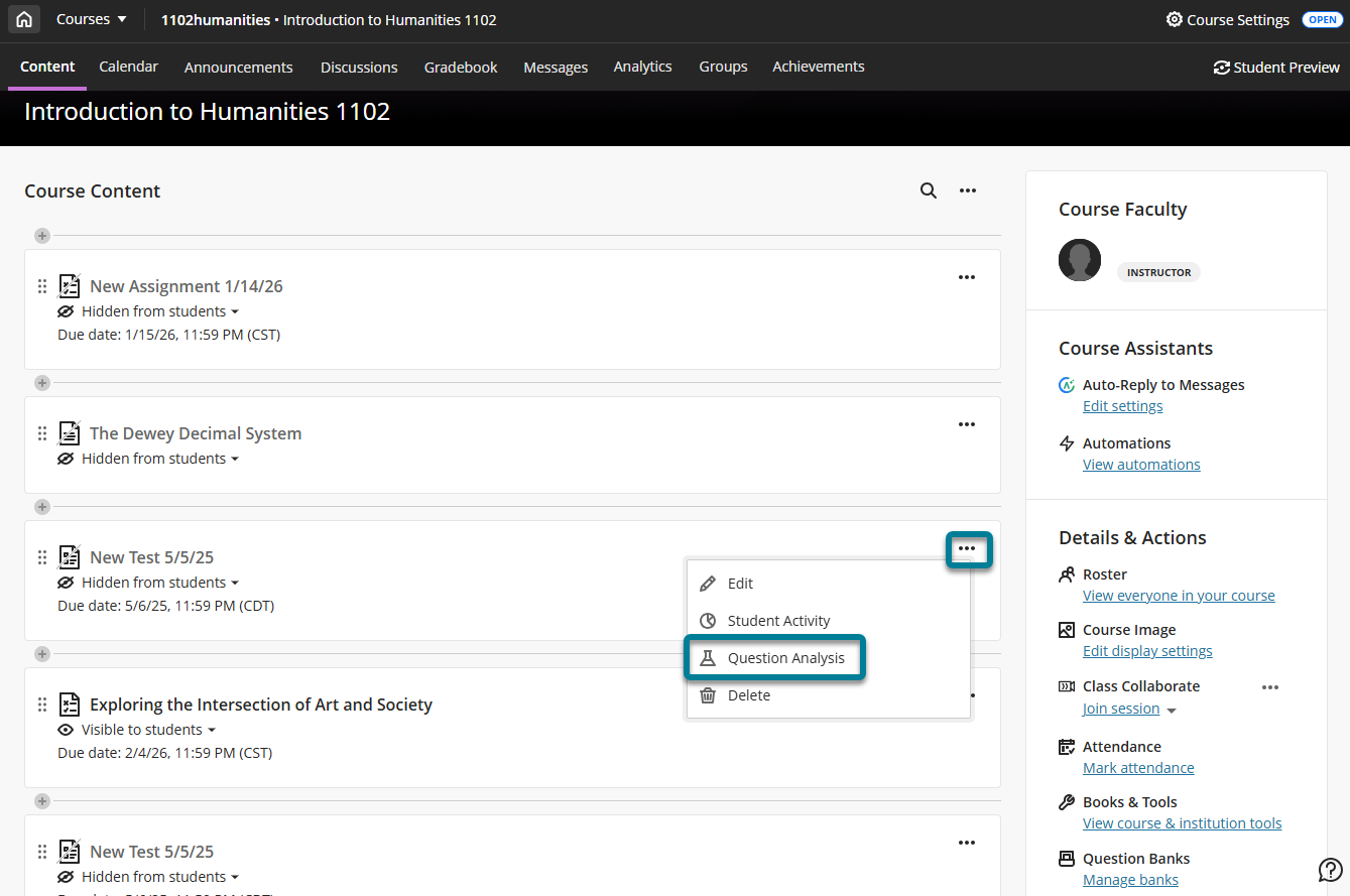 Uthevet alternativ for spørsmålsanalyse fra en bestemt prøvemeny.