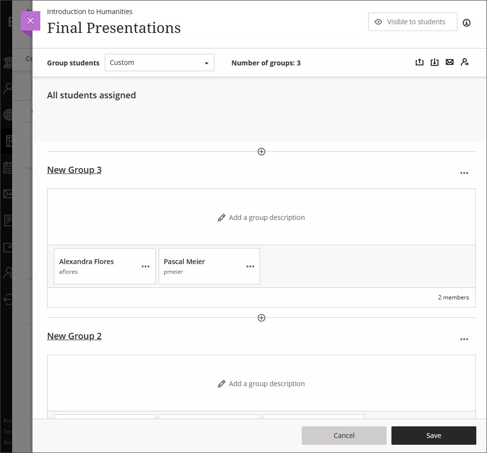 Groepssets-weergave in een Blackboard-cursus.