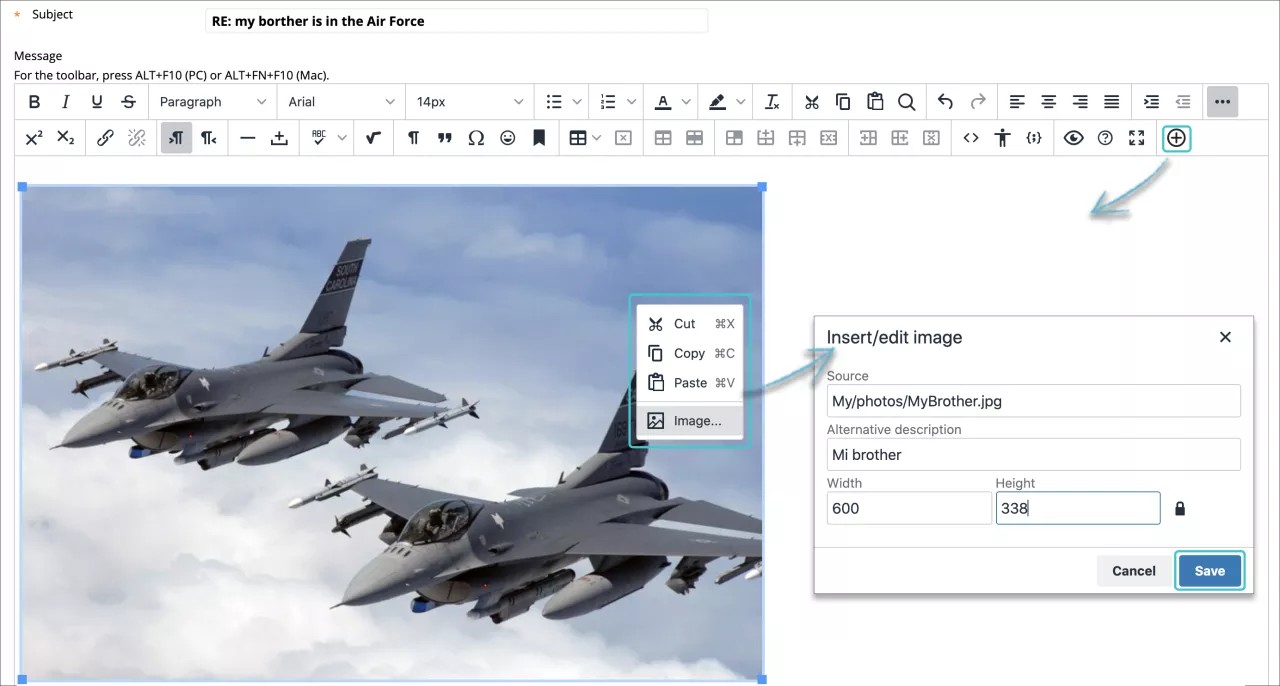 Een afbeelding toevoegen doe je zo in de editor. Klik op het plusteken.