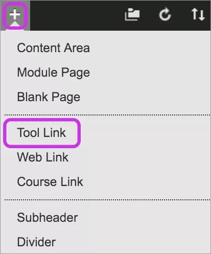 Het menu 'Menu-item toevoegen' is uitgeklapt, waarbij de optie 'Tool Link' paars is gemarkeerd.