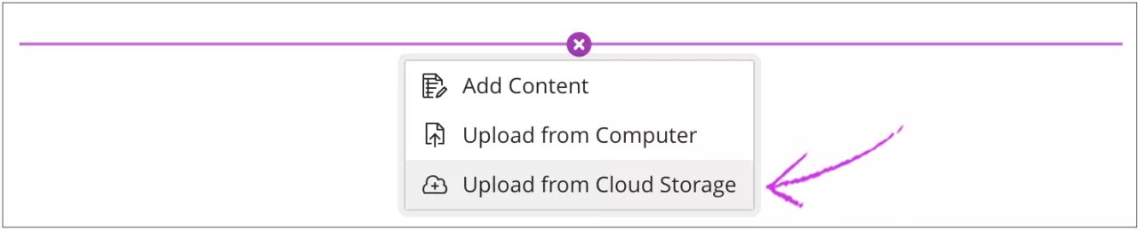 Het plustekenmenu breidde zich uit en toonde de opties Inhoud toevoegen, Uploaden vanaf computer en uploaden vanuit Cloud Storage. Er is een pijl die wijst naar Upload vanuit Cloud Storage.