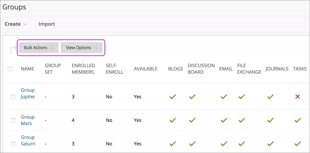 Use o menu Exibir opções para ver os tipos diferentes de informações de grupo.