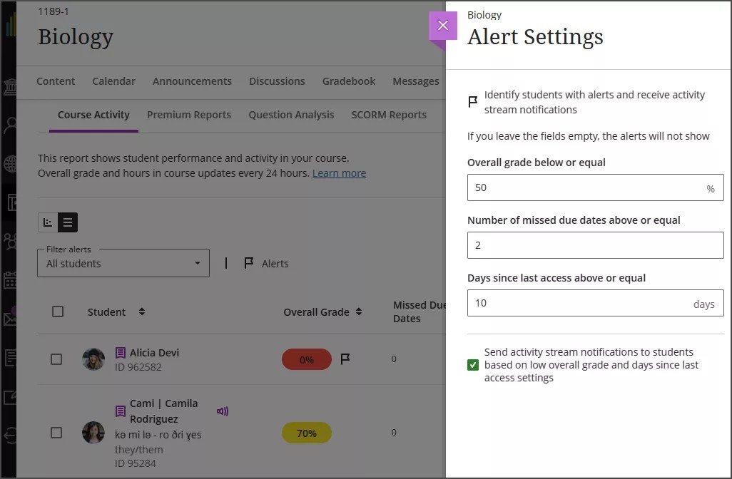Opções de configurações de alerta do relatórios de atividade do curso, incluindo nota abaixo ou igual a um determinado número, número de datas de entrega perdidas acima ou igual a um determinado número e dias desde o último acesso abaixo ou igual a um determinado número