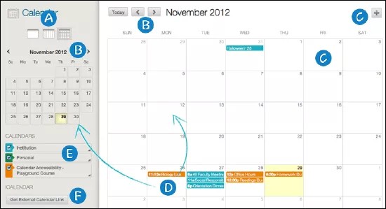 Uma visualização do calendário. As diferentes funções que podem ser usadas no calendário são explicadas no texto após a imagem.