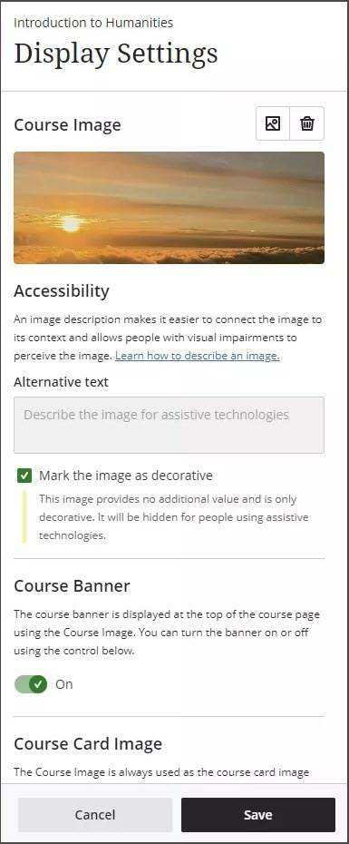 Imagem do Painel de Configurações de Exibição, mostrando a imagem do banner do curso do céu Nuvem acima das diferentes opções de configuração