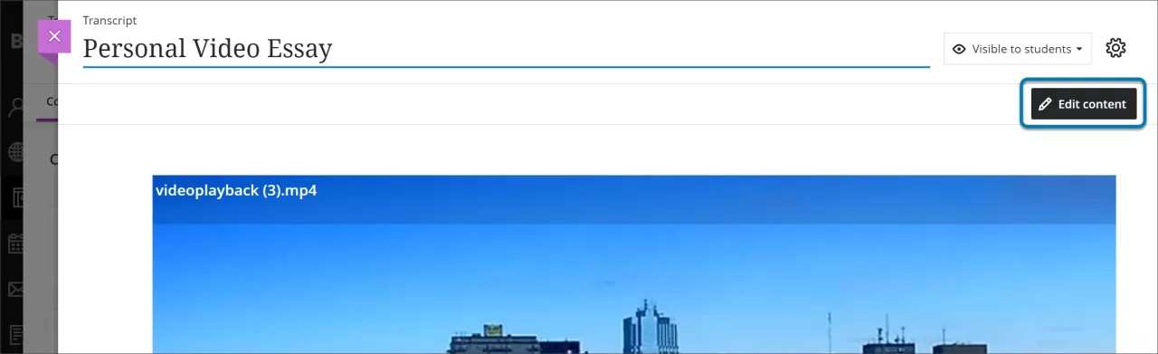 Parte superior de uma gravação do Video Studio com o botão Editar conteúdo no canto superior direito destacado com uma caixa azul.