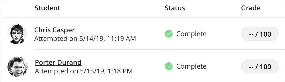 A página de Envios se abre com 1) a lista de envios exibida, 2) a coluna de Status com a mensagem "Concluído" exibida em cada envio e 3) a coluna de Nota sem notas atribuídas a cada envio.