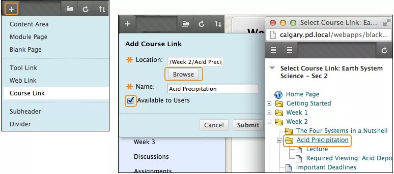 No lado esquerdo, o item Adicionar menu é destacado e expandido para mostrar o item Link do curso selecionado. No lado direito, a janela Adicionar link do curso é exibida, bem como a janela para navegar até o contêiner a ser usado para o link.