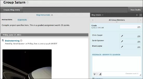 A página do Blog do Grupo, com a barra lateral de avaliação exibida, listando todos os membros do grupo. Há um campo para atribuir uma nota ao blog e campos para atribuir notas a cada membro individual. Também há uma caixa para Comentários ao aluno.