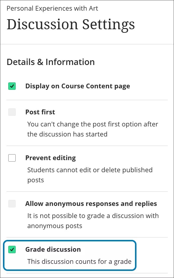 Configurações de discussões, com Avaliar discussão selecionada na parte inferior