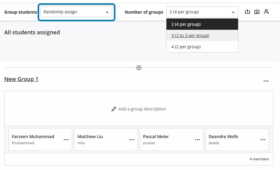 A página Conjunto de grupos com a opção "Atribuir aleatoriamente" é selecionada para "Agrupar Alunos". No menu suspenso Número de grupos, ele mostra o número de grupos em que você pode dividir os alunos.
