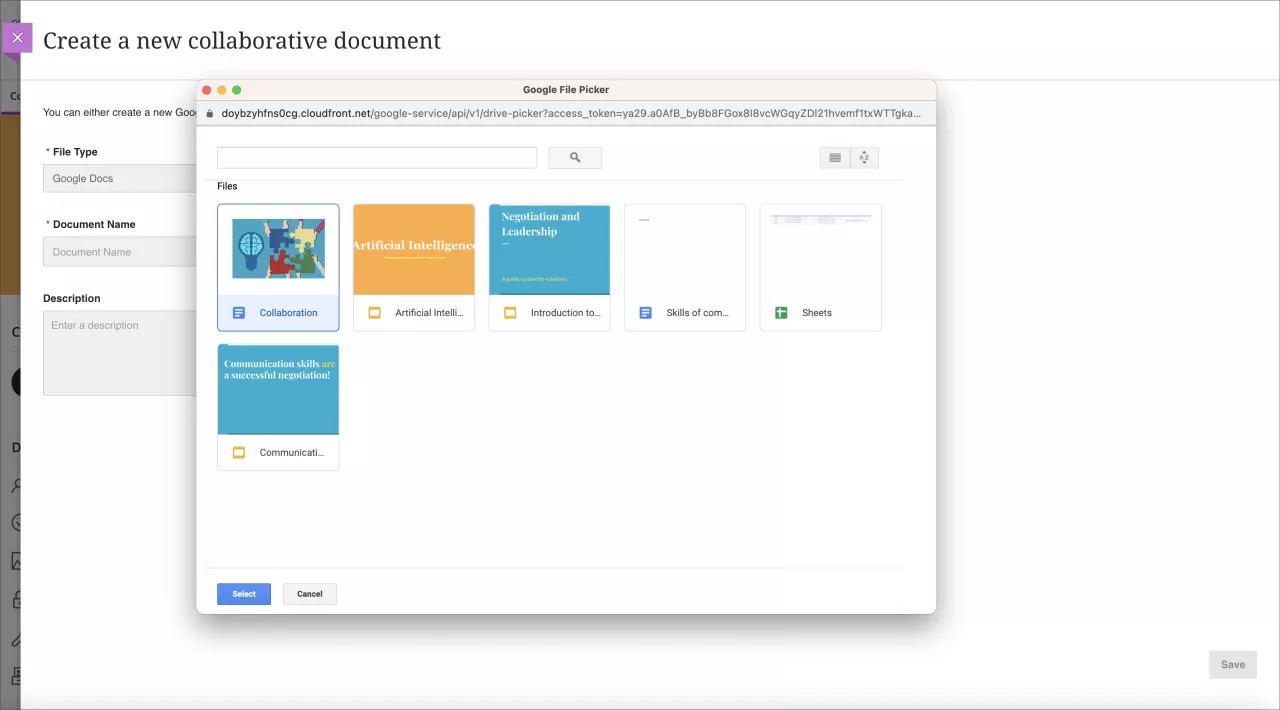 Criar uma nova página de documento colaborativo com o pop-up do Seletor de arquivos do Google