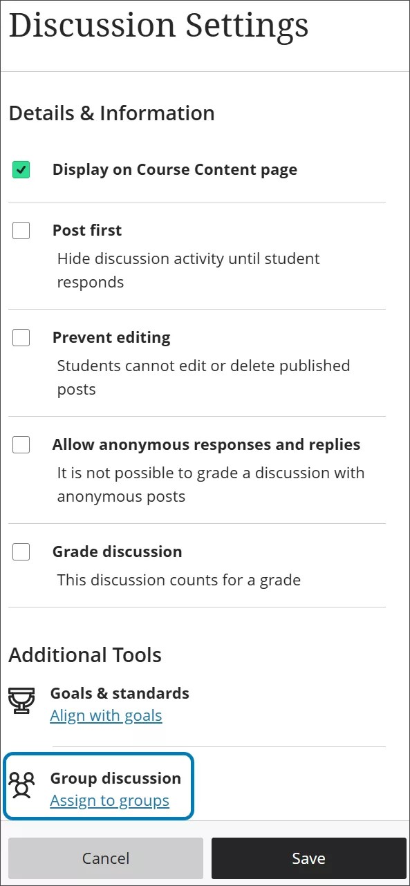 Configurações de discussões, com a opção de Designar a grupos na parte inferior