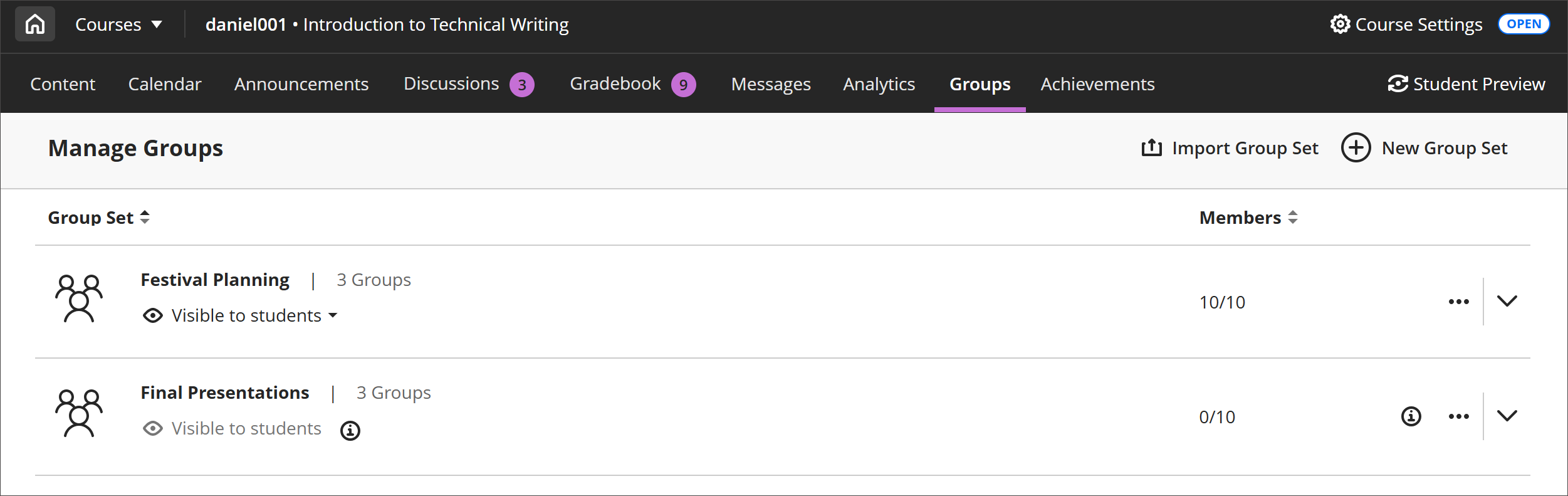 A página Grupos de cursos com o menu suspenso Mais opções mostrado.