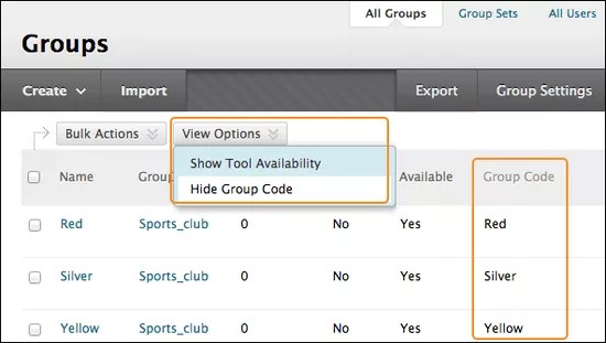 Coluna Código do grupo na tela Grupos