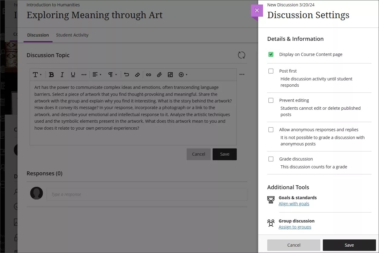 O painel Configurações de discussão