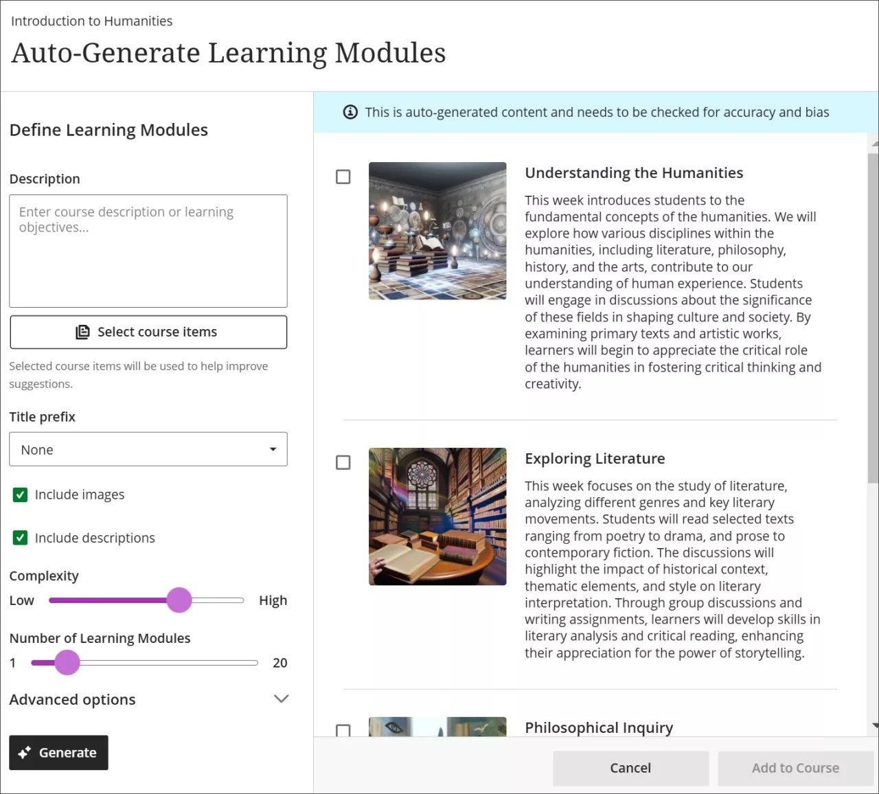 O painel Gerar módulos automaticamente, com 2 módulos gerados automaticamente ao lado de todas as opções de personalização