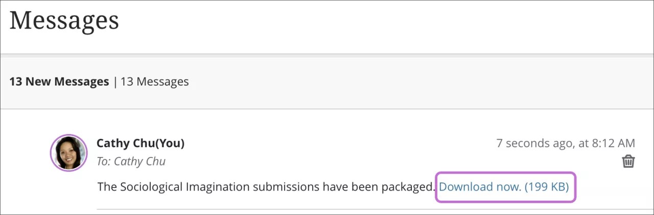 Sidan Meddelanden är öppen med 1) ett kursmeddelande på skärmen och 2) alternativet "Ladda ner nu" markerat.