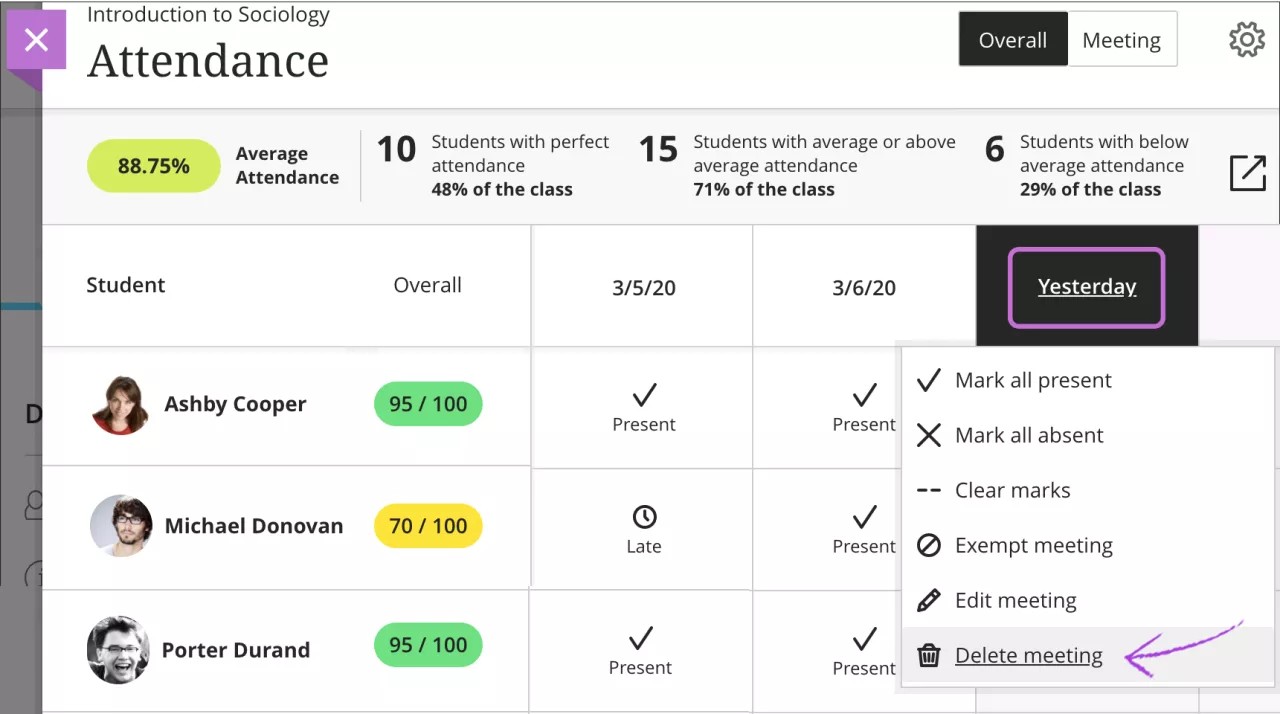 Toplantı silme örneği