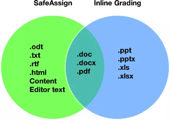 SafeAssign 适用于.odt、.txt、.rtf、.html、content editor text、.doc、.docx 和 .pdf。内联分级适用于 .ppt、.pptx、.xls、.xlsx、.doc、.docx 和 .pdf。