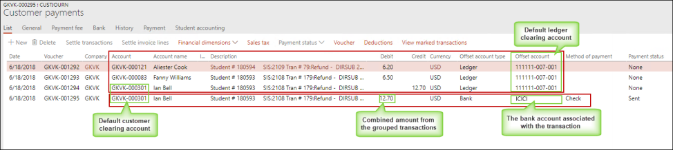 Posting grouped transactions using the default ledger and customer clearing accounts.