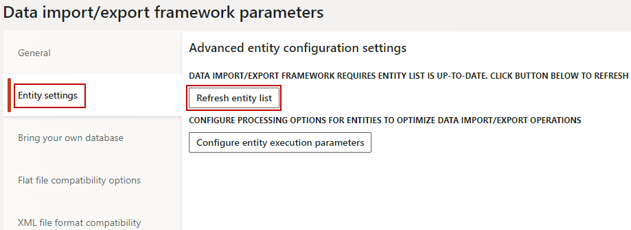 Data import/export framework parameters page