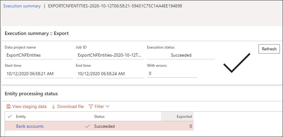 Execution summary page for entity export
