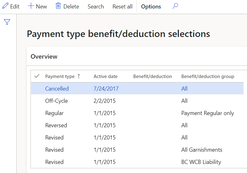 Payment type benefit deduction selections