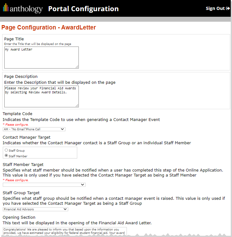 Portal Configuration - Award Letter