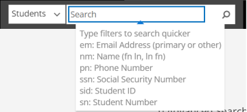 Shows the search filters in the Students field. 