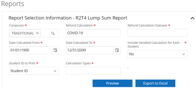 Shows the R2T4 Lump Sum report selection criteria. 