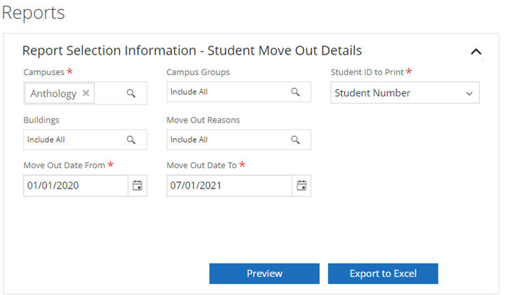 Shows the Student Move Out Details report selection criteria. 