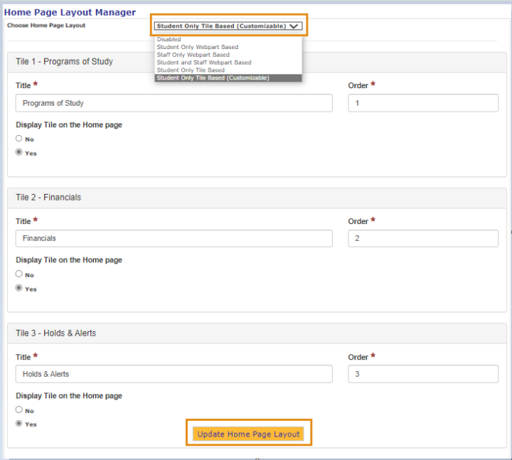 Home page layout manager