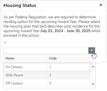 Shows the Housing Status page with the pop-up. 