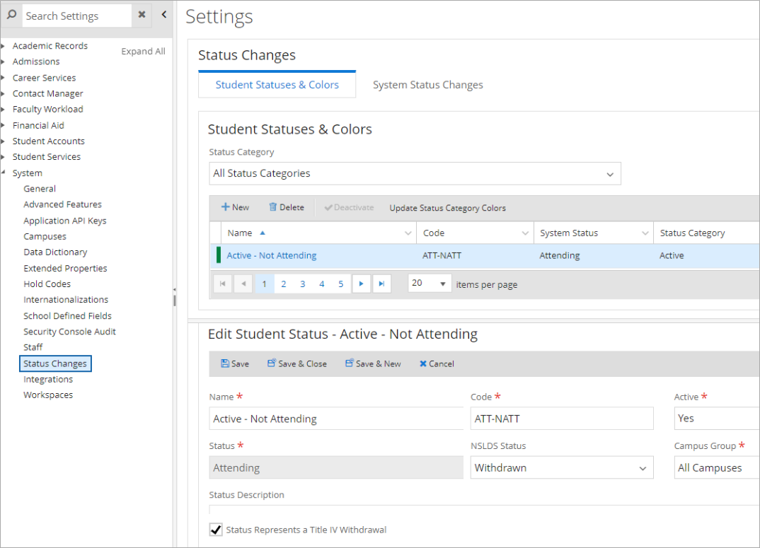 Settings Status Changes