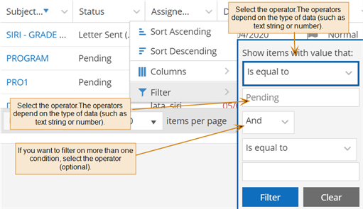 Shows filter dialog displayed when you click on column heading. 