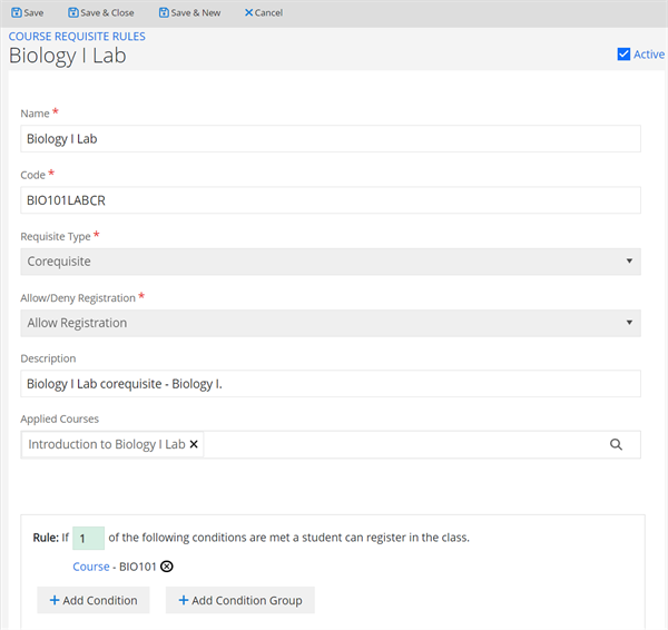 Shows the corequisite for the Biology I lab. 