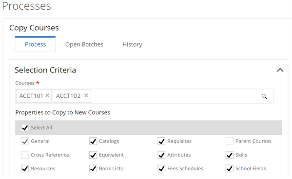 Shows the Process tab on the Copy Courses page. 